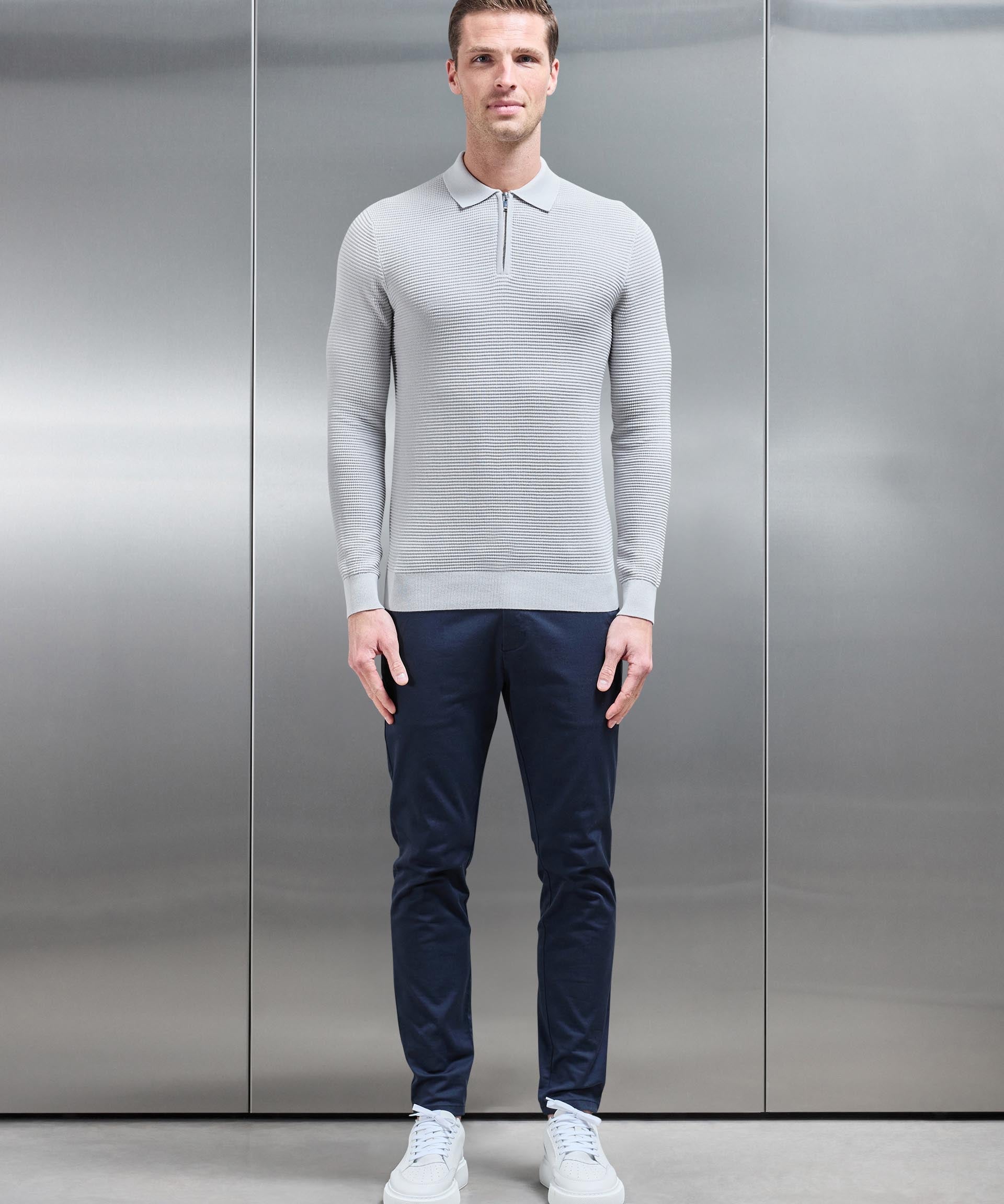 Ribbed Texturé Manches Longues En Maille Zippé Polo